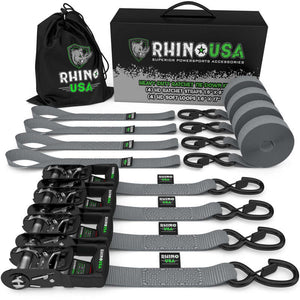 Rhino USA Heavy Duty Ratchet Tie-Down 4-Pack (Gray) 1.6In X 8Ft | HDKIT-4PK-GRY
