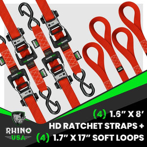 Rhino USA Heavy Duty Ratchet Tie-Down 4-Pack (Red) 1.6In X 8Ft | HDKIT-4PK-RED