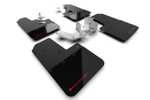 Rally Armor Mud Flaps for 2021+ Ford Bronco w OEM Rock Rails & Plastic Rear Bumper Black Flap Red Logo | MF85-RR-PL-RD