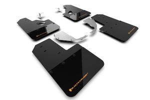 Rally Armor Mud Flaps for 2021+ Ford Bronco with Factory Rock Rails and Steel Rear Bumper Black Flap w Orange Logo | MF85-RR-ST-COR