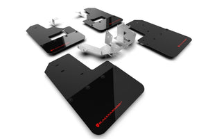 Rally Armor Mud Flaps for 2021+ Ford Bronco With Factory Running Boards and Plastic Rear Bumper Black Flap Red Logo | MF85-RB-PL-RD