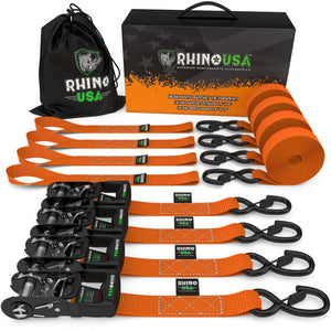 Rhino USA Heavy Duty Ratchet Tie-Down 4-Pack (Orange) 1.6In X 8Ft | HDKIT-4PK-ORG