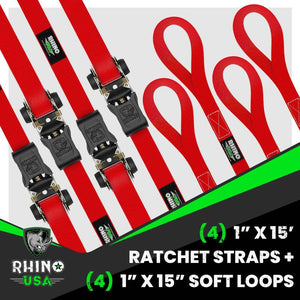 Rhino USA Medium Duty Ratchet Strap Tie-Down 4-Pack (Red) | RCHT-4PACK-RED