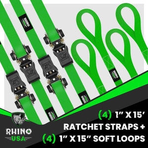 Rhino USA Medium Duty Ratchet Strap Tie-Down 4-Pack (Green) | RCHT-4PACK-GRN