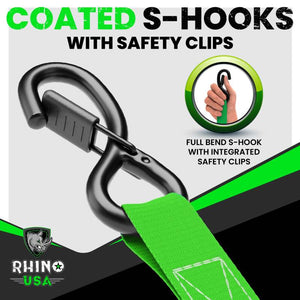Rhino USA Medium Duty Ratchet Strap Tie-Down 4-Pack (Green) | RCHT-4PACK-GRN