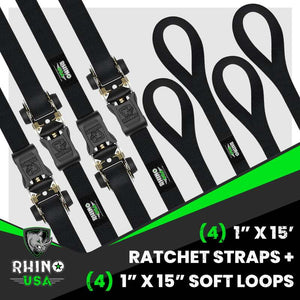 Rhino USA Medium Duty Ratchet Strap Tie-Down 4-Pack (Black) | GMG-R1-4PACK
