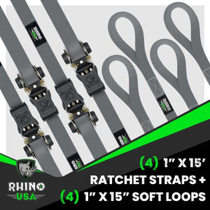 Rhino USA Medium Duty Ratchet Strap Tie-Down 4-Pack (Gray) | RCHT-4PACK-GRY