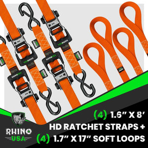 Rhino USA Heavy Duty Ratchet Tie-Down 4-Pack (Orange) 1.6In X 8Ft | HDKIT-4PK-ORG