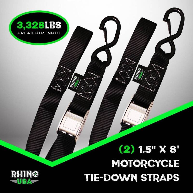 Rhino USA Cambuckle Motorcycle Tiedown Straps 2-Pack (Green) 1.5In X 8Ft | RNO-CAMSOFT-GRN