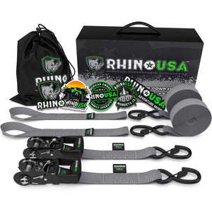 Rhino USA Heavy Duty Ratchet Tie-Downs 2-Pack (Gray) 1.6In X 8Ft | HDKIT-2PK-GRY