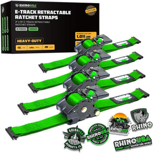 Rhino USA Retractable E-Track Ratchet Straps (4 Pack, 2Inx10Ft) (Green) | TD-RSRE2X10-ETRK-4GRN