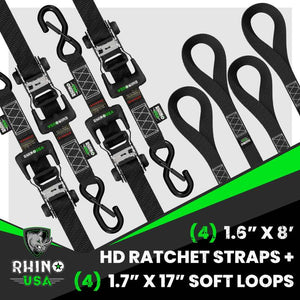 Rhino USA Heavy Duty Ratchet Tie-Down 4-Pack (Black) 1.6In X 8Ft | HD-RATCHETKIT-4PK