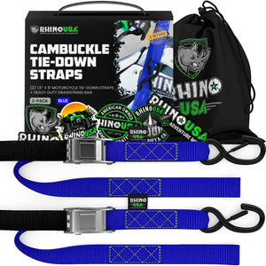 Rhino USA Cambuckle Motorcycle Tiedown Straps 2-Pack (Blue) 1.5In X 8Ft | RNO-CAMSOFT-BLU