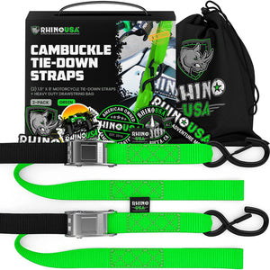 Rhino USA Cambuckle Motorcycle Tiedown Straps 2-Pack (Green) 1.5In X 8Ft | RNO-CAMSOFT-GRN