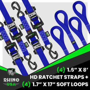 Rhino USA Heavy Duty Ratchet Tie-Down 4-Pack (Blue) 1.6In X 8Ft | HDKIT-4PK-BLU