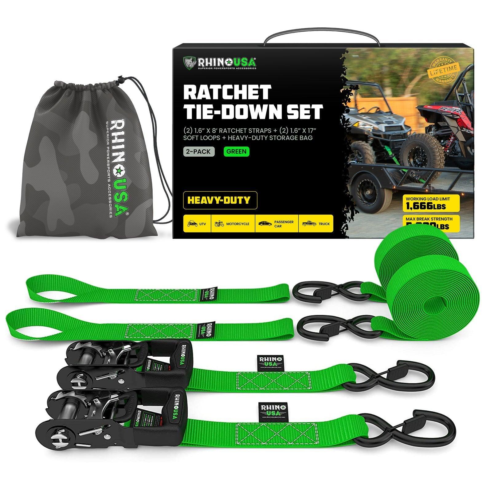 Rhino USA Heavy Duty Ratchet Tie-Downs 2-Pack (Green) 1.6In X 8Ft | HDKIT-2PK-GRN