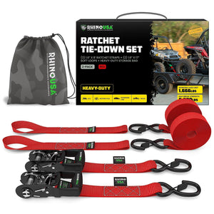 Rhino USA Heavy Duty Ratchet Tie-Downs 2-Pack (Red) 1.6In X 8Ft | HDKIT-2PK-RED