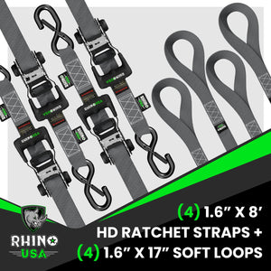 Rhino USA Heavy Duty Ratchet Tie-Down 4-Pack (Gray) 1.6In X 8Ft | HDKIT-4PK-GRY