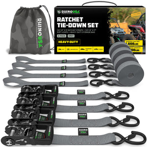 Rhino USA Heavy Duty Ratchet Tie-Down 4-Pack (Gray) 1.6In X 8Ft | HDKIT-4PK-GRY