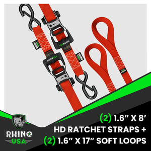 Rhino USA Heavy Duty Ratchet Tie-Downs 2-Pack (Red) 1.6In X 8Ft | HDKIT-2PK-RED