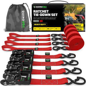 Rhino USA Heavy Duty Ratchet Tie-Down 4-Pack (Red) 1.6In X 8Ft | HDKIT-4PK-RED