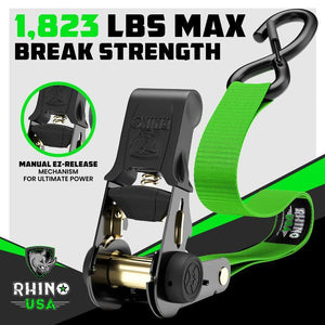 Rhino USA Medium Duty Ratchet Strap Tie-Down 4-Pack (Green) | RCHT-4PACK-GRN