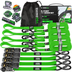 Rhino USA Medium Duty Ratchet Strap Tie-Down 4-Pack (Green) | RCHT-4PACK-GRN