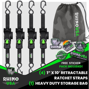 Rhino USA Retractable Ratchet Straps (4Pk 1Inx10Ft) (Black) | TD-RSRE1X10-BLK-R