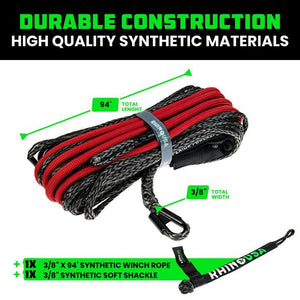 Rhino USA Reflective Synthetic Winch Rope 3/8In X 94Ft - Black | RG-SRWIN3894-BLK