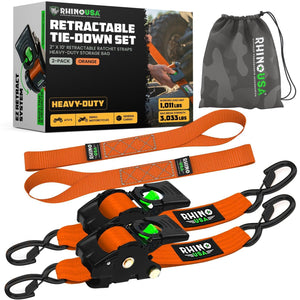 Rhino USA Retractable Ratchet Straps (2Pk 2Inx10Ft) (Orange) | TD-RSRE2X10-ORG-R