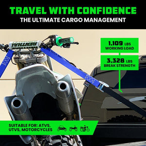 Rhino USA Cambuckle Motorcycle Tiedown Straps 2-Pack (Blue) 1.5In X 8Ft | RNO-CAMSOFT-BLU