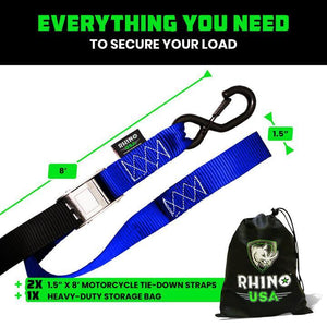 Rhino USA Cambuckle Motorcycle Tiedown Straps 2-Pack (Blue) 1.5In X 8Ft | RNO-CAMSOFT-BLU