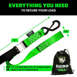 Rhino USA Cambuckle Motorcycle Tiedown Straps 2-Pack (Green) 1.5In X 8Ft | RNO-CAMSOFT-GRN