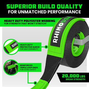 Rhino USA Recovery Tow Strap 2Inx20Ft (Black) | RNO-TOWSTRAP220