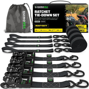 Rhino USA Self-Tensioning Ratchet Straps (2Pk 1.6Inx15Ft) (Black) | TD-RSST-16X15-2BLK