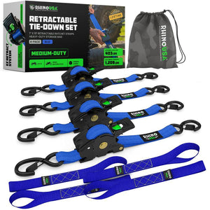 Rhino USA Retractable Ratchet Straps (4Pk 1Inx10Ft) (Blue) | TD-RSRE1X10-BLU-R