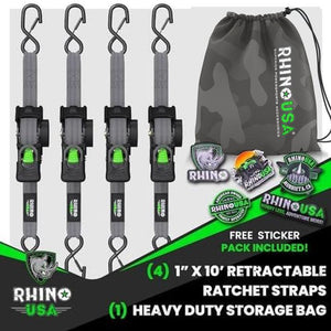 Rhino USA Retractable Ratchet Straps (4Pk 1Inx10Ft) (Gray) | TD-RSRE1X10-GRY