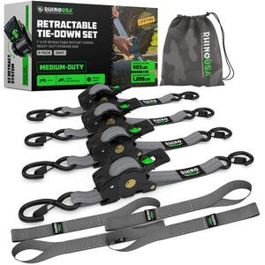 Rhino USA Retractable Ratchet Straps (4Pk 1Inx10Ft) (Gray) | TD-RSRE1X10-GRY