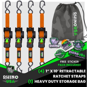 Rhino USA Retractable Ratchet Straps (4Pk 1Inx10Ft) (Orange) | TD-RSRE1X10-ORG-R