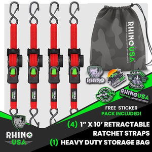Rhino USA Retractable Ratchet Straps (4Pk 1Inx10Ft) (Red) | TD-RSRE1X10-RED-R