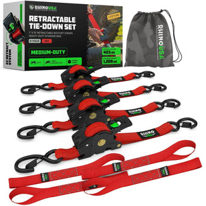Rhino USA Retractable Ratchet Straps (4Pk 1Inx10Ft) (Red) | TD-RSRE1X10-RED-R