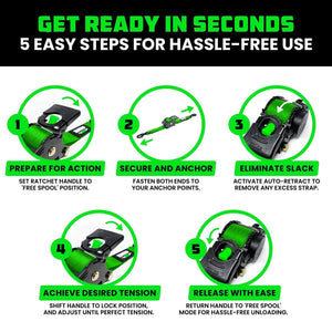 Rhino USA Retractable Ratchet Straps (4Pk 1Inx10Ft) (Green) | TD-RSRE1X10-GRN-R