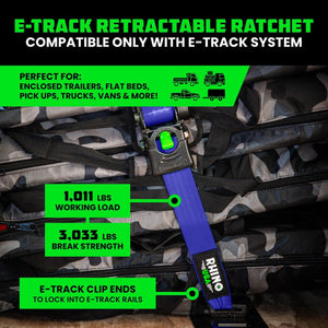Rhino USA Retractable E-Track Ratchet Straps (2 Pack, 2Inx10Ft) (Blue) | TD-RSRE2X10-ETRK-BLU