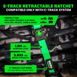 Rhino USA Retractable E-Track Ratchet Straps (4 Pack, 2Inx10Ft) (Green) | TD-RSRE2X10-ETRK-4GRN