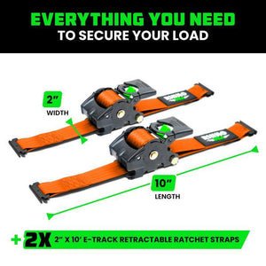 Rhino USA Retractable E-Track Ratchet Straps (2 Pack, 2Inx10Ft) (Orange) | TD-RSRE2X10-ETRK-ORG