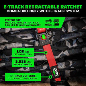 Rhino USA Retractable E-Track Ratchet Straps (4 Pack, 2Inx10Ft) (Red) | TD-RSRE2X10-ETRK-4RED