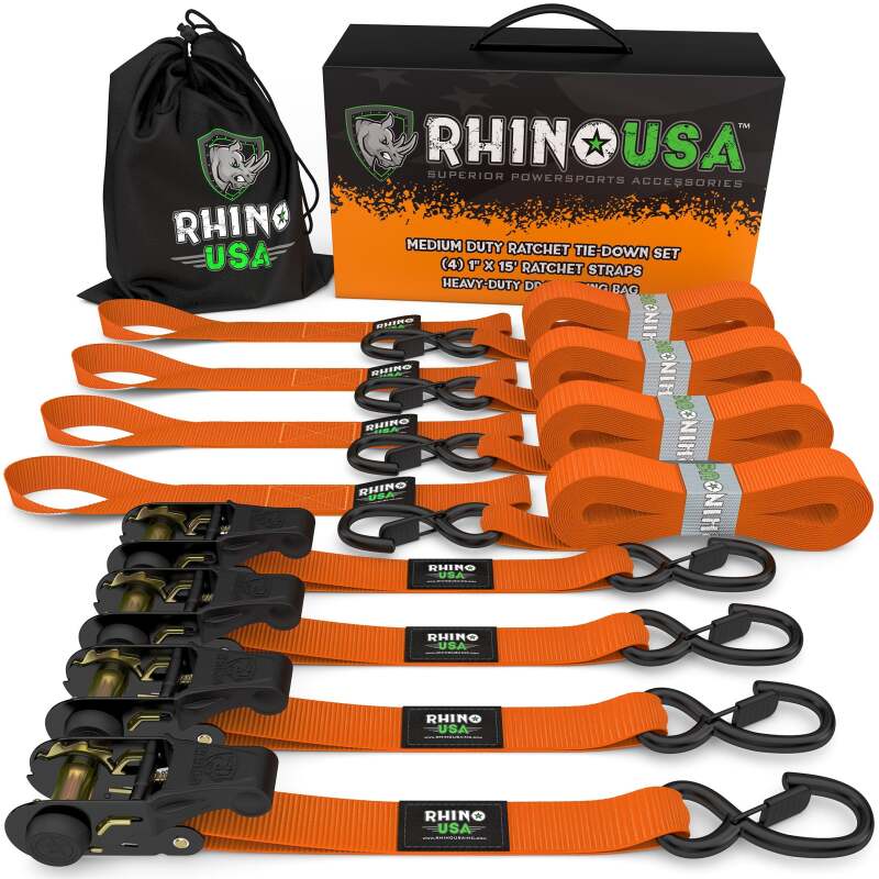 Rhino USA Medium Duty Ratchet Strap Tie-Down 4-Pack (Orange)| RCHT-4PACK-ORG