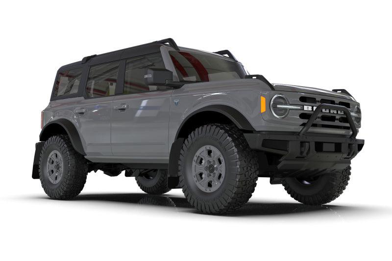 Rally Armor Mud Flaps for 2021+ Ford Bronco With Factory Running Boards And Steel Rear Bumper Black Flap Orange Logo | MF85-RB-ST-COR