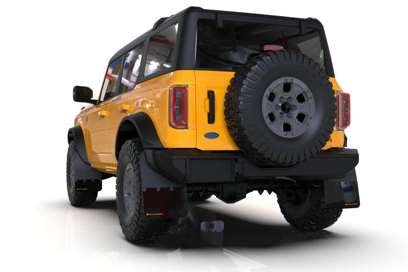 Rally Armor Mud Flaps for 2021+ Ford Bronco w Steel Rear Bumper, No Rock Rails & No Running Boards Black Flap Black Logo | MF85-NO-ST-MBK