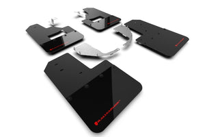 Rally Armor Mud Flaps for 2021+ Ford Bronco With Factory Running Boards And Steel Rear Bumper Black Flap Red Logo | MF85-RB-ST-RD